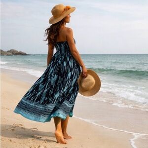 Gypsy Blue Hand Dyed Maxi Dress Medium Boho Silk Feel Tassel Tie